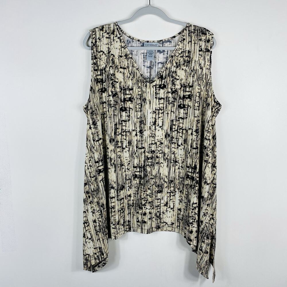 Catherines Tank Top 1X 18 20 Printed Sleeveless Stretch V-Neck Tan Black